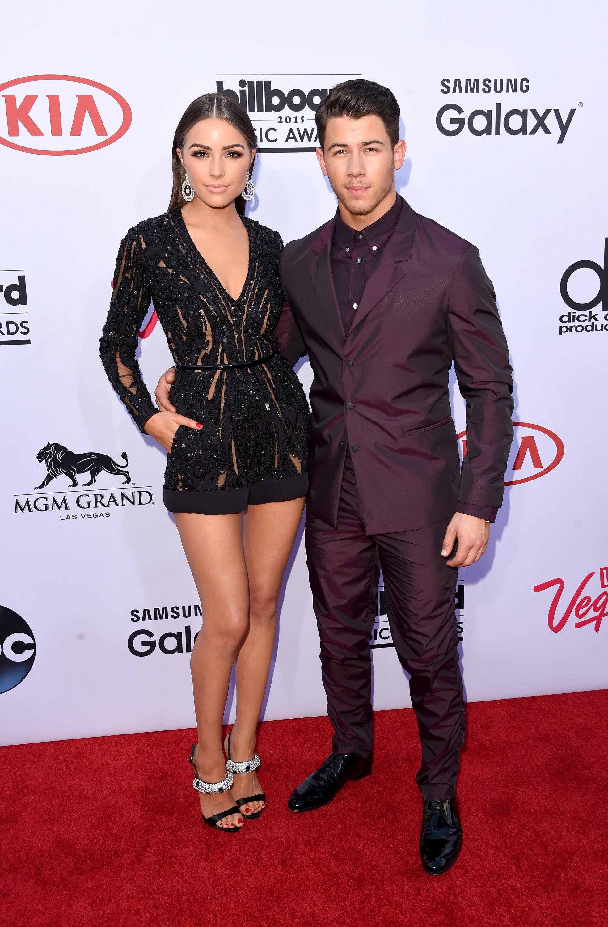 LAS VEGAS, NV - MAY 17:  Singer Nick Jonas (R) and model Olivia Culpo attend the 2015 Billboard Music Awards at MGM Grand Garden Arena on May 17, 2015 in Las Vegas, Nevada.  (Photo by Jason Merritt/Getty Images)